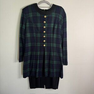 Vintage Miss Dorby Women's Green and Blue Plaid Dress Gold Buttons Size 10